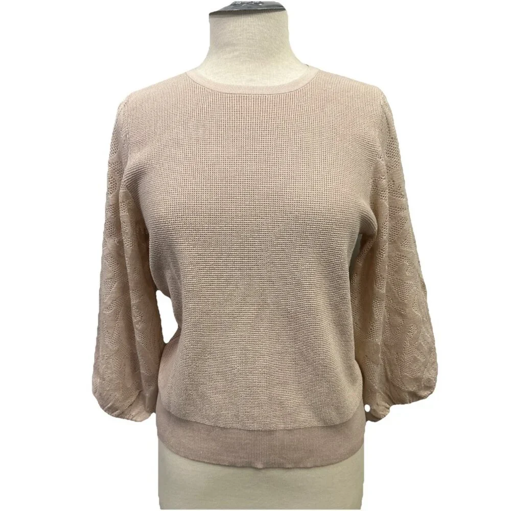 Adrianna Papell Women's Medium Crew Neck Sweater 3/4 Mesh Champagne Blush - Picture 2 of 16